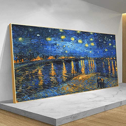 Van Gogh Gerahmte Bilder – Berühmtes Gemälde Sternennacht Leinwand Gemälde Bilder und Drucke Wandkunst für Wohnzimmerwände 95 x 190 cm (37 x 75 Zoll) mit goldenem Rahmen