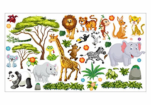 nikima - 060 Wandtattoo Wanddekoration Dschungel Tiere Löwe Elefant Koala Panda Giraffe Zebra - in 6 Größen - Kinderzimmer Sticker Wandaufkleber niedliche Wandsticker Wanddeko Wandbild Junge Mädchen (1250 x 700 mm)