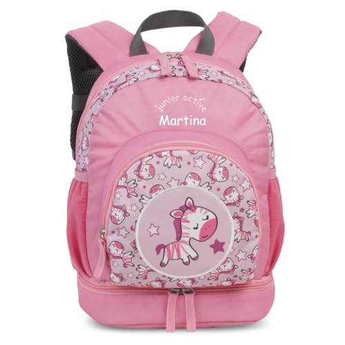 minimutz Kinderrucksack Mädchen - Personalisiert mit Namen - Freizeitrucksack Wanderrucksack Kinder - Zebra in rosa - mit Bodenfach Schuhfach