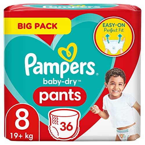 Pampers Windeln Pants Größe 8 (19kg+) Baby-Dry, Extra Large, BIG PACK, einfaches Anziehen mit idealer Passform, 36 Höschenwindeln
