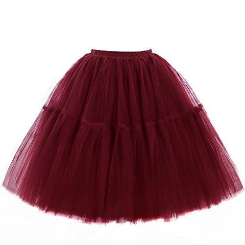 Babyonline Damen Tüllrock 5 Lage Prinzessin Kleider Knielang Petticoat Ballettrock Unterrock Pettiskirt Swing Einheitsgröße - Weinrot