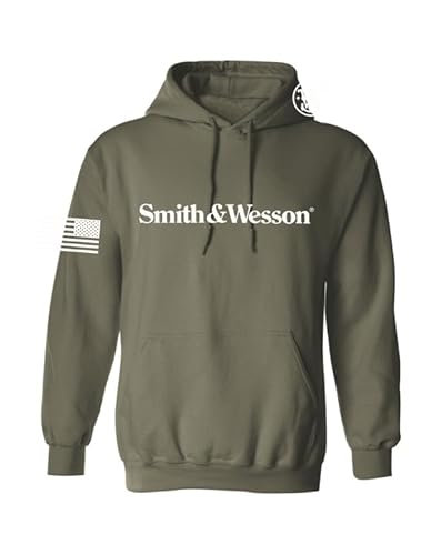 Smith & Wesson Offizielles Lizenzprodukt für Herren, langärmelig, einfarbig, grafischer Hoodie mit amerikanischer Flagge und S&W Logo Pullover Sweatshirt, Militär, Grün, XX-Large