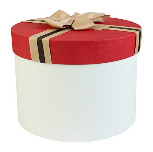 Emartbuy 28 x 20,5 cm runde Geschenkbox, weiße Box mit rotem Deckel und gestreiftem braunem Band
