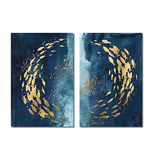 WSKKK Abstrakte blaue Tiefsee goldene Folie Fisch Leinwandbilder Kunstplakate und Drucke Wandbilder für Wohnzimmerdekoration 50x70cmx2 rahmenlos