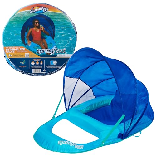 SwimWays 6060073 Spring Float Recliner with Canopy Comfortable Fabric Summertime Pool Lounge Seat with Cup Holder for Water Fun at The Beach, Blue