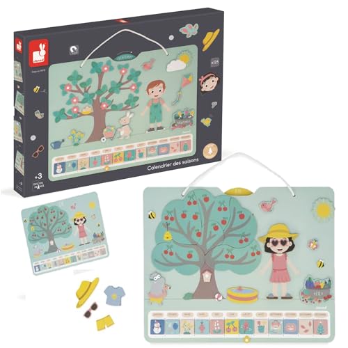 Janod Jahreszeitenkalender-Holzkalender für Kinder 42 x 32 cm-Magnetisch-125 Magnete-Jahreszeiten Lernen-auf Englisch-Ab 3 Jahre, J05464, Mehrfarbig