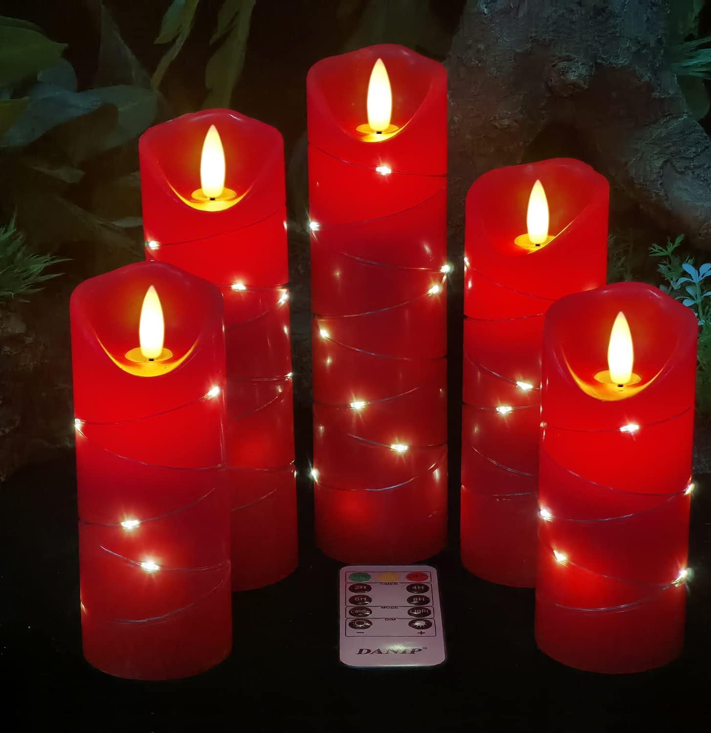 DANIP Rote LED-Kerze mit eingebauter Lichterkette 5 LED-Kerze mit 10-Tasten-Fernbedienung 24-Stunden-Timer-Funktion Tanzende Flamme Echtwachs Batteriebetrieben.