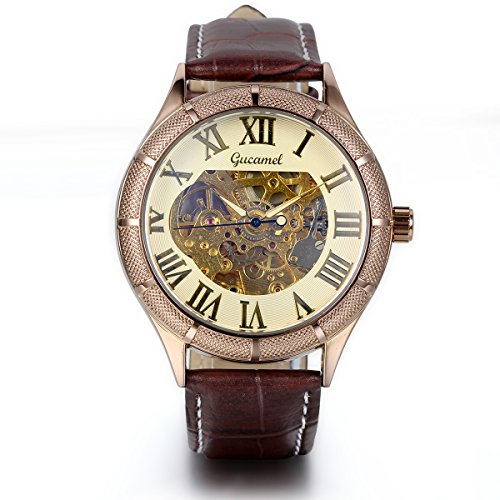 JewelryWe Herren Armbanduhr, Analog Quarz, Elegant Business Casual Mechanische Uhr mit Braun Leder Armband, Gold Römische Ziffern Zifferblatt