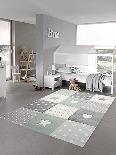 Kinderzimmer Teppich Spiel & Baby Teppich Herz Stern Punkte Design Grün Grau Creme Größe 200 x 290 cm