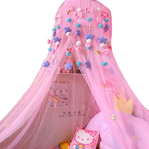 SHIKUN Rosa Baldachin-runde Kuppel Verträumtes Moskitonetz für Kinder mit Plüschornamenten Kinderzelt für Mädchen, Kinderbett, Mädchenbett, Mädchenzimmer, Rosa