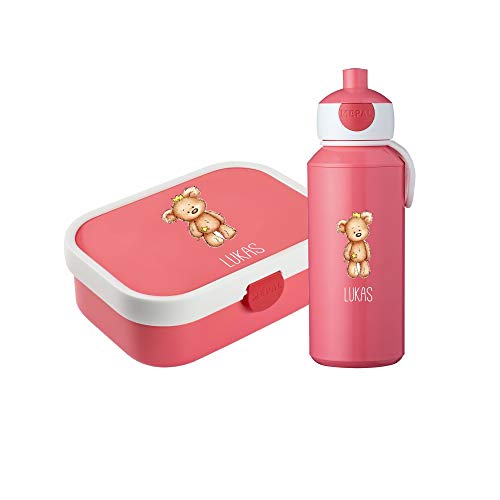 4you Design Set: Pinke Brotdose & Trinkflasche für Kinder -BÄR mit Krone- personalisiert mit Namen – inkl. Bento Box, Gabel & Pop-Up Flasche, Einschulung (Pink)