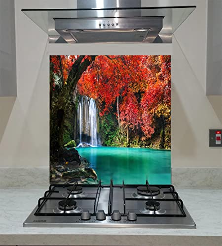 Spritzschutz, Panel Küche, gehärtetes Glas, Wasserfall im Herbst, Forest National Park Thailand, jede Größe, Va Art Glas (breit 80 x Höhe 70 cm)