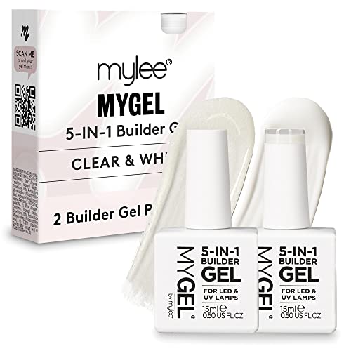 Mylee 5-in-1 Builder Gel Duo 2x15ml - Durchsichtig und Weiß - UV/LED-Nagellack, Harte, Stabile Nägel, Spitzen und Verlängerungen, Nagelkunst, Aufkleber und Schmuck, professionelle Maniküre-Reparatur