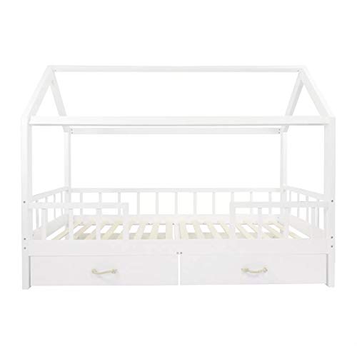 Puckdaddy Hausbett Carlotta – 200x90 cm, Kinder-Bett aus Holz in Weiß mit Bettrahmen im Haus-Design, Abnehmbarer Rausfallschutz, Schubladen und Lattenrost, hochwertiges Kinderzimmer & Jugendbett