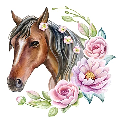 nikima Schönes für Kinder 237 Wandtattoo Pferd Kopf braun mit Blumen Kinderzimmer Sticker Aufkleber Größe 500 x 660 mm