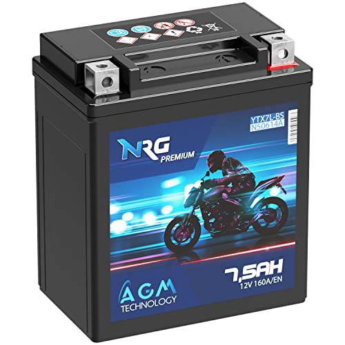 NRG Premium YTX7L-BS AGM Motorradbatterie 7,5Ah 12V 160A/EN Batterie 50614 CTX7L-BS auslaufsicher wartungsfrei ersetzt 6Ah