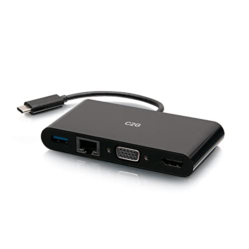 C2G USB C to HDMI, VGA, USB A & RJ45 Adapter - 4K 30Hz - Black - Dockingstation - USB-C / Thunderbolt 3 - VGA, HDMI - GigE