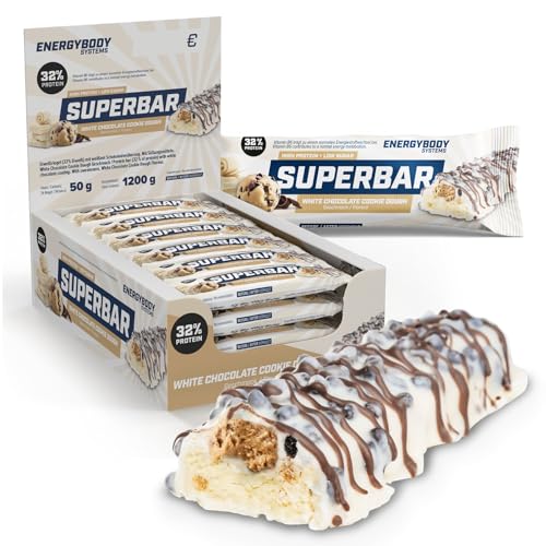 Energybody® Superbar Proteinriegel White Chocolate Cookie Dough 24x 50g / High Protein Riegel 36% Eiweiß - 2g Zucker/Eiweißriegel zuckerarm für Low Carb Ernährung/Protein Bars