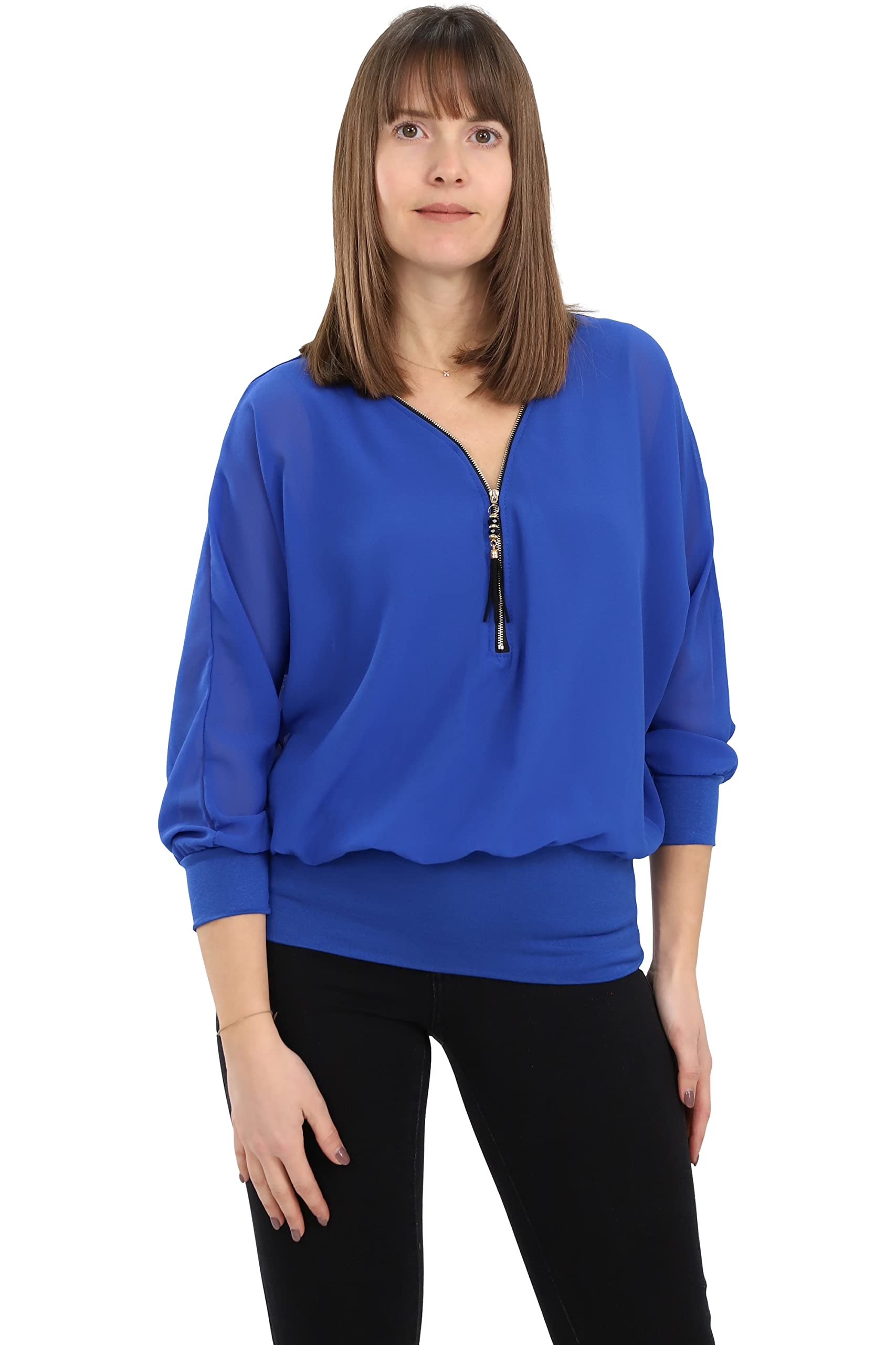 Malito Damen Bluse im Fledermaus Look | Tunika mit Zipper | Kurzarm Blusenshirt mit breitem Bund | Elegant - Shirt 6297 (Royalblau)