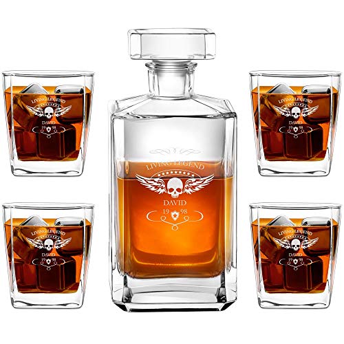 Murrano Whiskey Karaffe + 4er Whiskygläser Set mit Gravur - 700ml Whisky Dekanter - Geschenk zum Geburtstag für Männer - Living Legend
