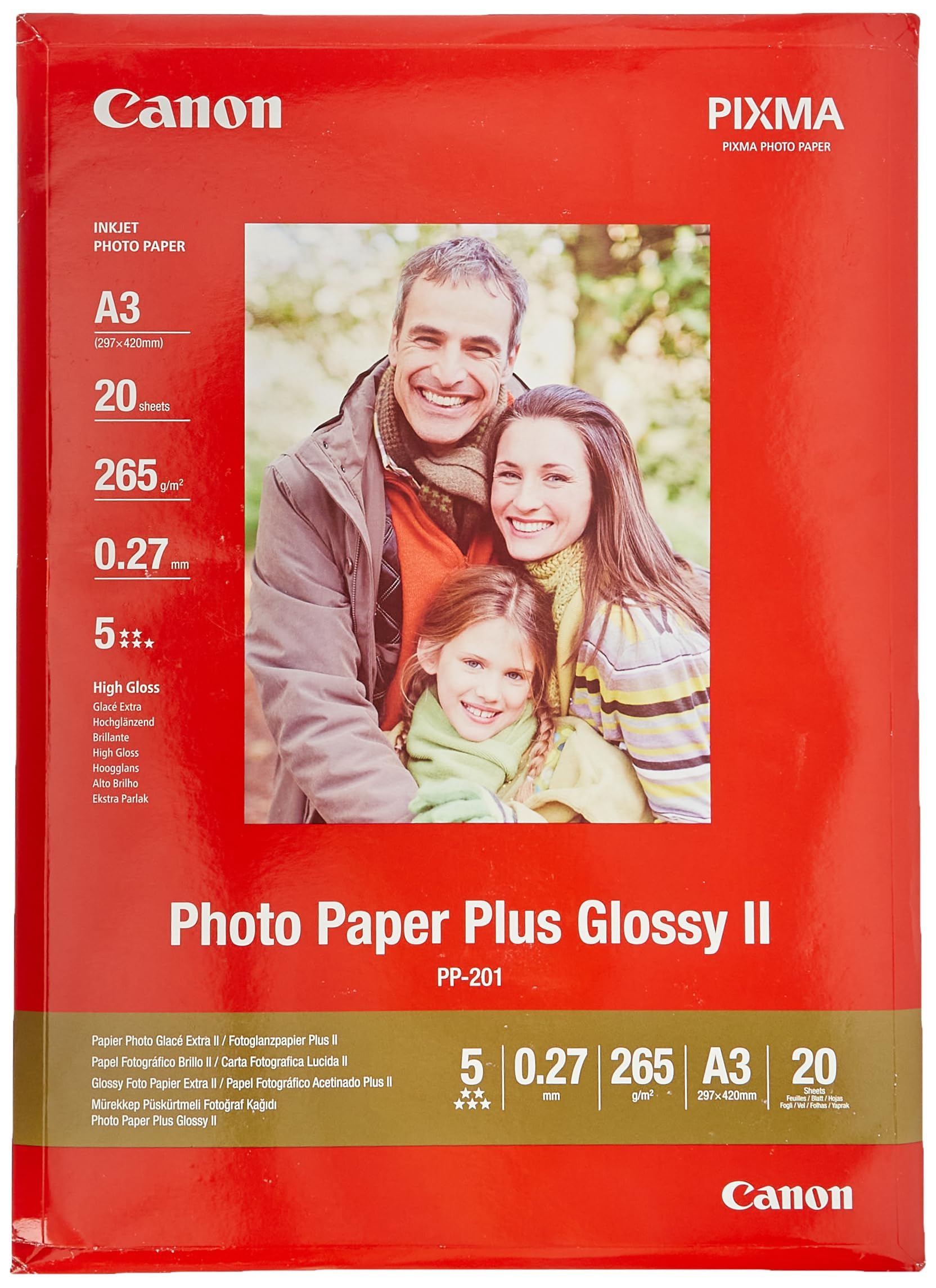Canon Fotopapier PP-201 Glänzend - DIN A3 20 Blatt Für Tintenstrahldrucker - PIXMA Drucker (265 G/qm)