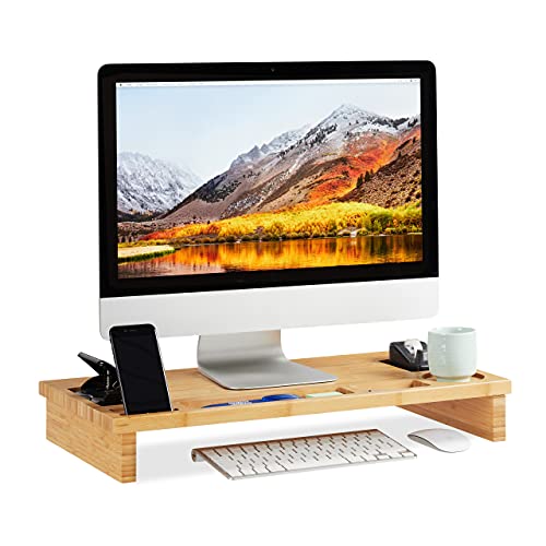 Relaxdays, Natur Monitorständer Bambus, Bildschirmerhöhung für Laptop, Bildschirmständer mit Stauraum, HBT 9 x 60 x 30cm, Standard
