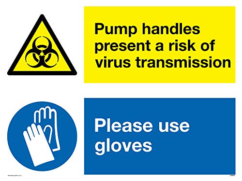 Schild mit Aufschrift „Pump Handles present a risk of Virus transmission please use gloves“, Kunststoff, 3 mm
