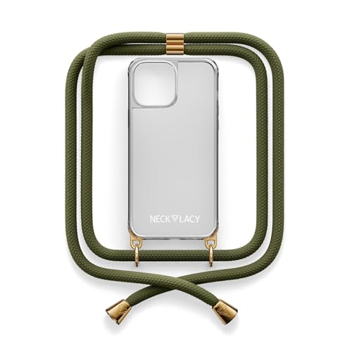 NECKLACY® - Die Premium Handykette für Apple iPhone 15 Pro in Dark Olive | transparente Handyhülle mit hochwertiger Abnehmbarer Kordel zum Umhängen - Smartphone Crossbody