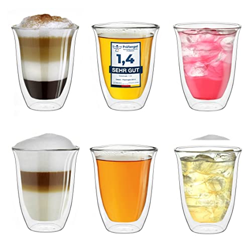 Creano doppelwandige Gläser 400ml „DG-V“, 6er Set, großes Thermoglas doppelwandig aus Borosilikatglas, Kaffeegläser, Teegläser, Latte Gläser, Doppelwandgläser