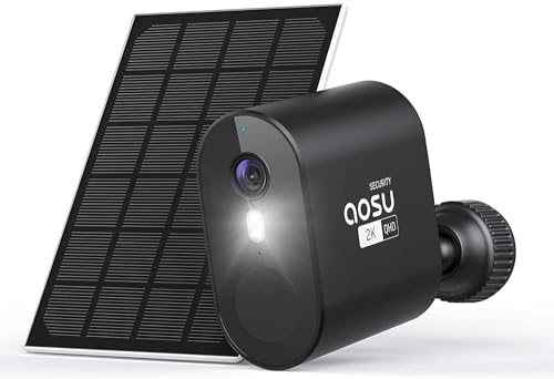 AOSU 2K Solarbetriebene Kamera,Batteriekamera mit Scheinwerfer und Sirene,166° Weitwinkel, Keine monatliche Gebühr, KI-Erkennung,Arbeit mit Alexa und Google Assistant