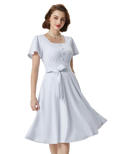 Damen Kleid Rockabilly 50er Jahre Kleider A Linie Festlich Partykleid Cocktailkleid Hochzeit Weiß M