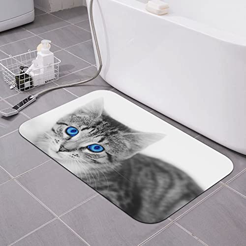 Niedliche Katze mit blauen Augen, Kieselgur-Badematte, super saugfähig, schnell trocknend, Badezimmerteppiche, Gummi-Fußmatte, Badezimmermatten, rutschfest, waschbar, WC-Vorleger, Badematten für Bade