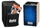 Sela SE 062 Varios Blue Snare Cajon Einsteiger Bundle mit Sela Snare System, aufgebaut, Rucksack, Sitzpad, Schule, CD, DVD