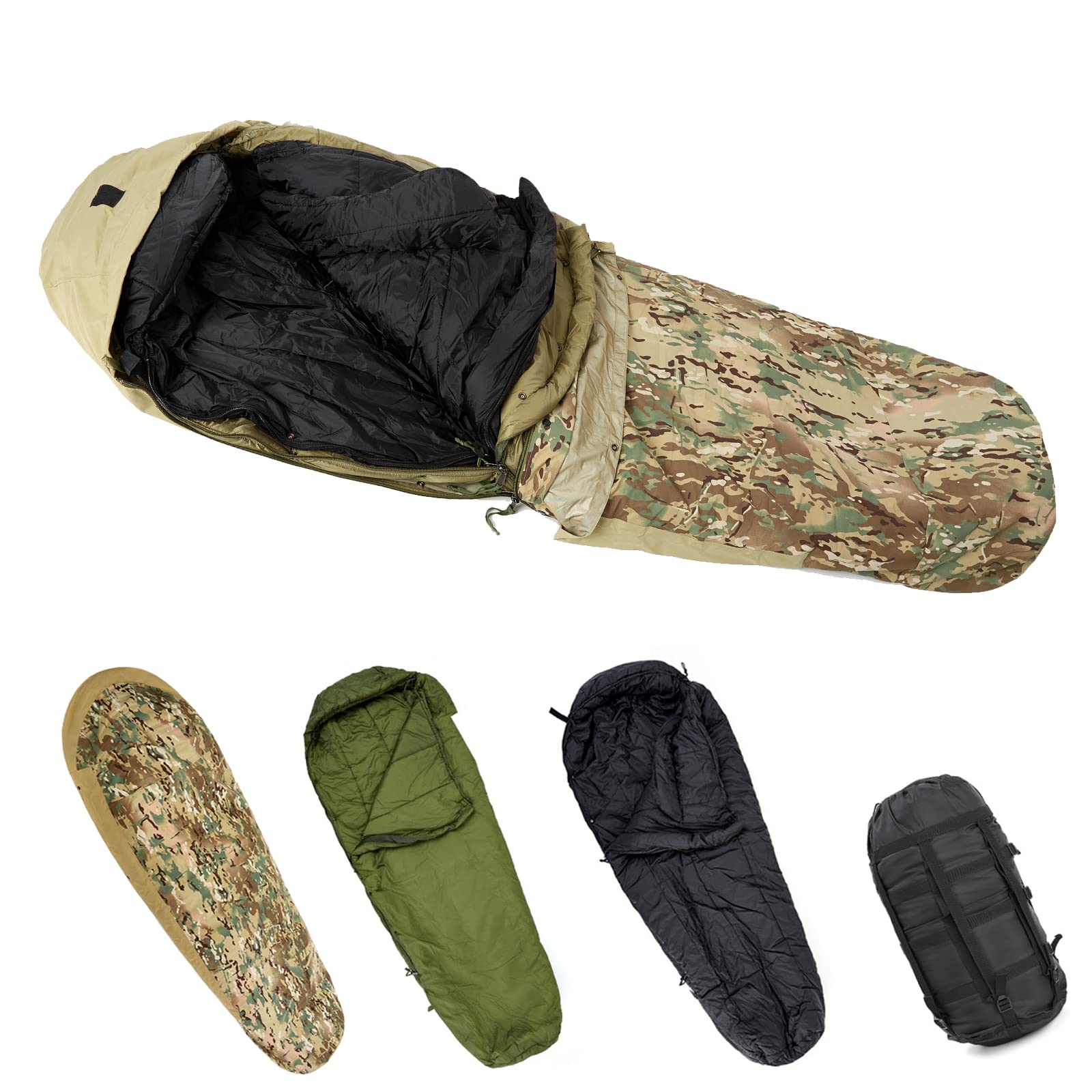 MT Mumienschlafsack Militär Modulares Schlafsack System 4 Jahreszeiten, Winter Schlafsack Outdoor, Schlafsack Sommer Mehrlagig Weich mit Bivy Abdeckung, für Erwachsene Camping, MULTICAMAAA