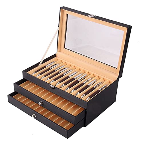 Yheonver 1 Stück 36 Slots Wooden Pen Display Storage Box Luxury 3 Layer PU Pen Case Pen-Collection Organizer 1