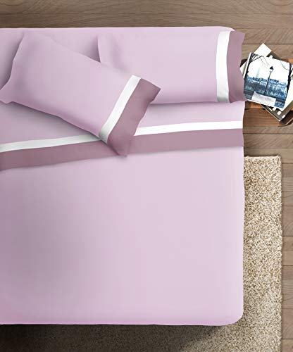 Bettwäsche-Set mit Doppel-Rüschen, aus Baumwolle, für Doppelbett, Satin, Malve / Weiß, Hintergrund Rosa