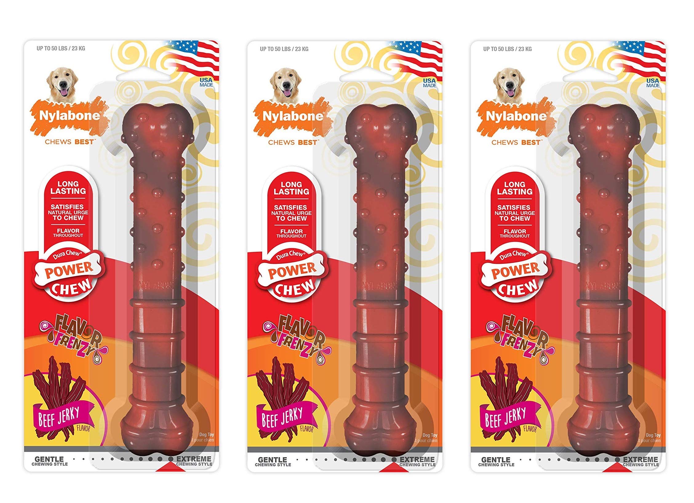 Nylabone Power Chew Textured Beef Jerky Flavored Large Dog Chew Toy - 3 Pack