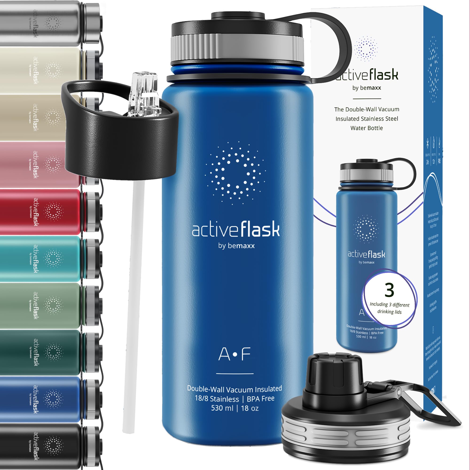 Trinkflasche Edelstahl Active Flask + Strohhalm (3 Deckel) BPA-frei, Auslaufsicher, Kohlensäure geeignet - Wasserflasche Fahrrad Thermosflasche Isoliert Isolierflasche Sport Wasser Flasche Kinder Tee