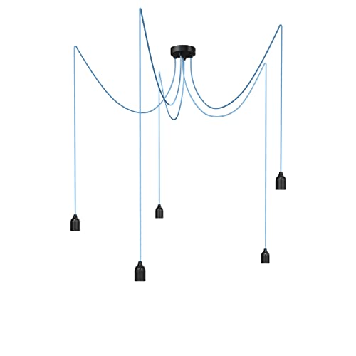 Relight Pendelleuchte 5-flammig Kraken (höhenverstellbar), E27 Lampenfassungen aus Bakelit, 5x 3 Meter Textilkabel Hellblau