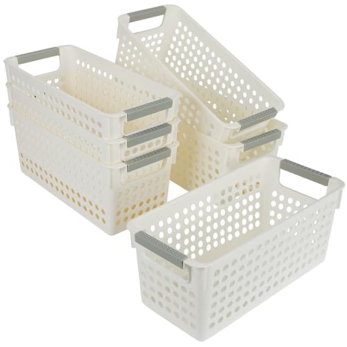 Kurtzy 6er Pack Körbe Boxen mit Griffen zur Aufbewahrung - 29 x 13,5 x 12,3 cm Plastikkorb Set - Ordnungsboxen Set aus Kunststoff - 6er Set Aufbewahrungsbox - Ordnungsbox Set - Weiß