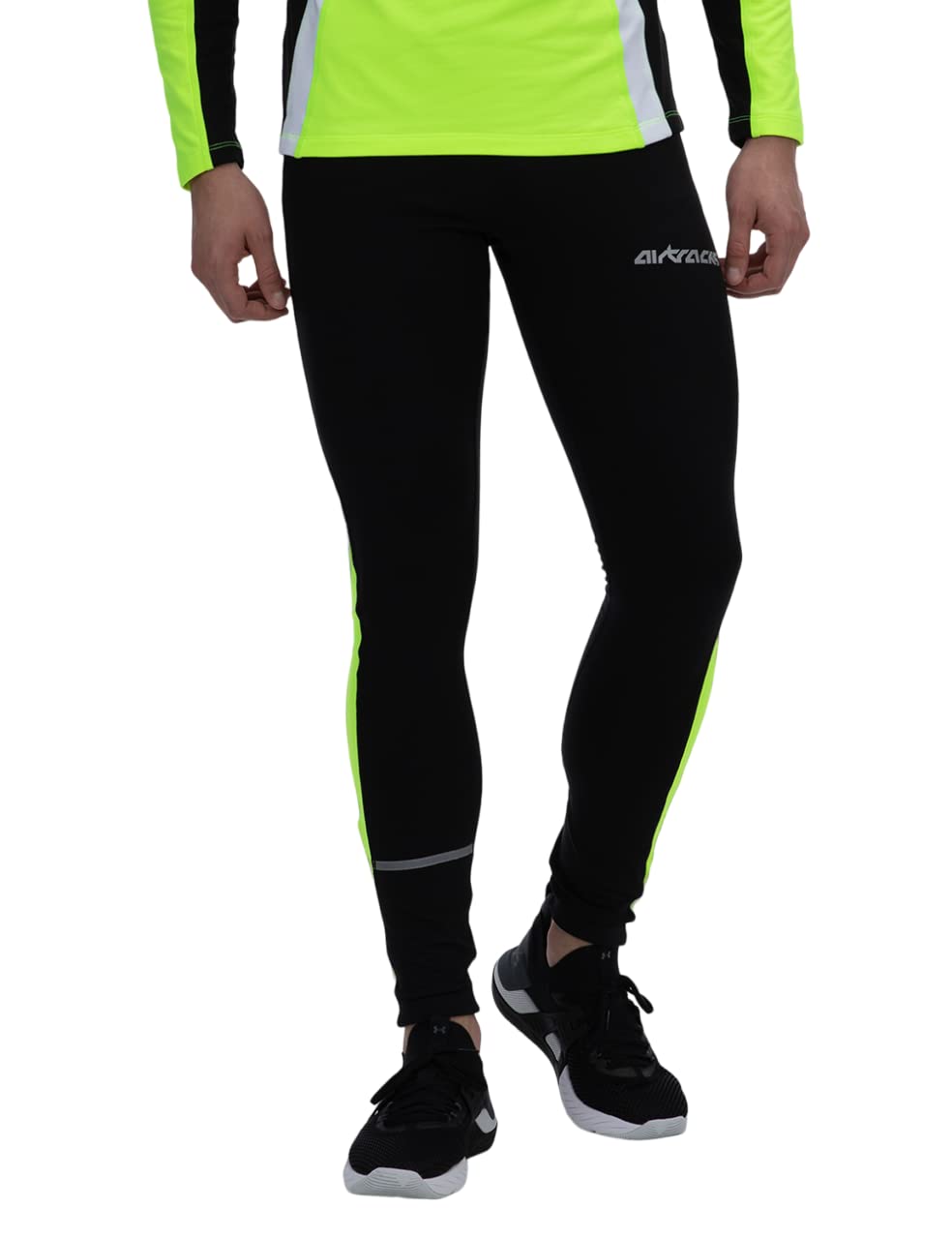 Airtracks Herren Thermo Funktions Laufhose Lang - Winter Running Tight - Warm - Atmungsaktiv - Reflektoren - schwarz - neon - XXL - Herren