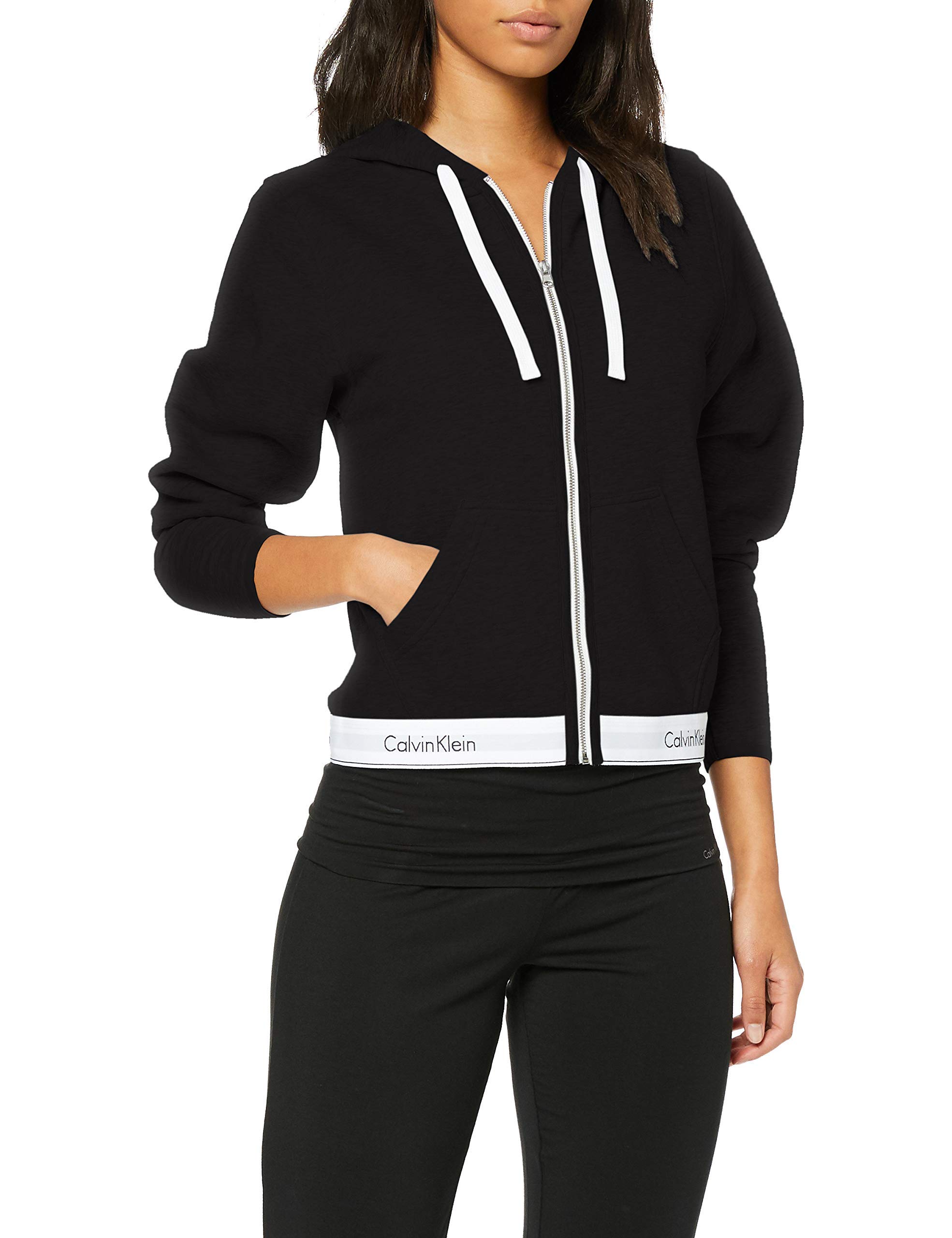 Calvin Klein Damen Top Hoodie Full Zip mit Kapuze, Reißverschluss, Black, XS