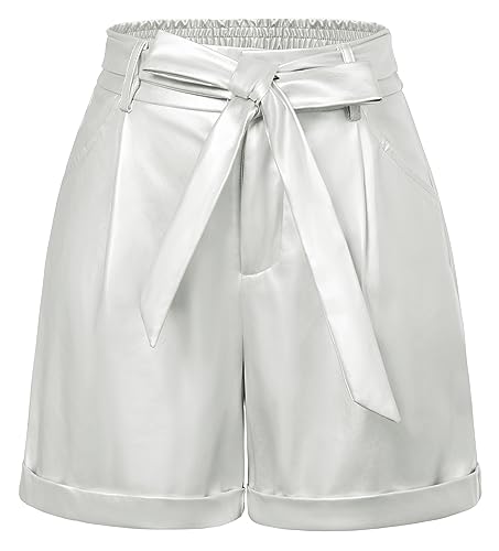 Belle Poque Casual Short mit Schleife Sommer Leder Kurze Hose Weiß 2XL