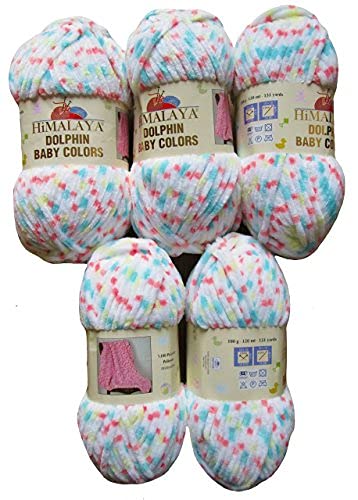 Chenille 5 x 100 Gramm Strickwolle Himalaya Dolphin Baby Colours mehrfarbig, 500 Gramm Wolle super bulky (türkis lachs gelb weiss 80415)