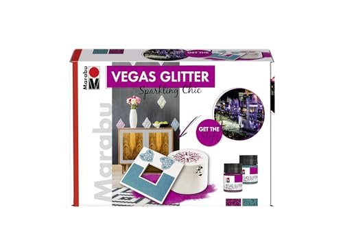 Marabu 1269000000080 - Glitzernde Effektpaste im Set, Vegas Glitter City Life, auf Wasserbasis, wetterfest, schnell trocknend, 2 x 50 ml Farbe, 2 Schablonen und Malmesser