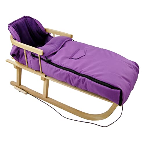 Kombi-Angebot Holz-Schlitten mit Rückenlehne & Zugseil + universaler Winterfußsack (108cm), auch geeignet für Babyschale, Kinderwagen, Buggy, Thermofleece Uni (lila + Schlitten)