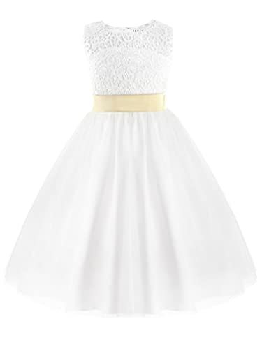 TiaoBug Festliches Mädchen Kleid Prinzessin Blumenmädchen-Kleid Hochzeit Brautjungfern Festzug Kleider Weiß 92-152 Weiß 92