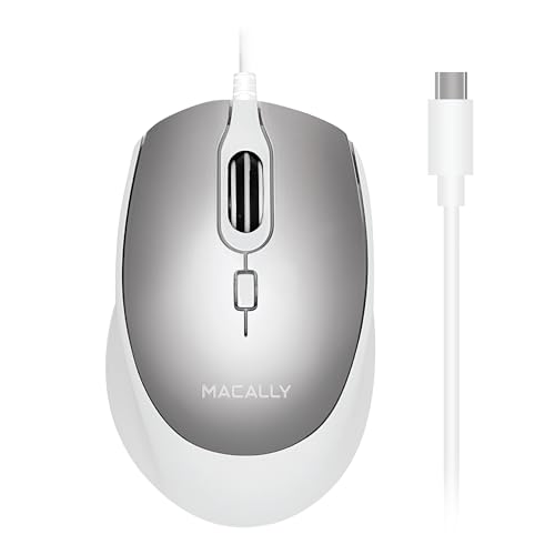 Macally USB-C-Maus für Mac – geformt für Komfort – kabelgebundene Typ-C-Maus für MacBook Pro Air,iPad,PC,iOS,Android – Plug-and-Play USBC Apple Maus mit beidhändigem Gehäuse und 4 DPI-Modi – Silber
