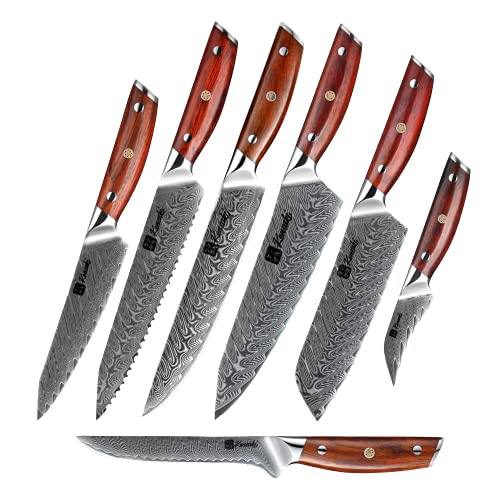 KENSAKI 7er Messerset aus Damaszener Stahl Küchenmesser Japanischer Art hergestellt aus 67 Lagen Damaststahl – Chairo Serie