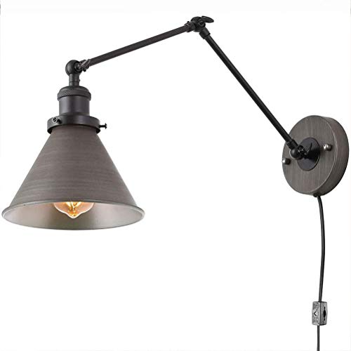 Industrial Vintage Wandlampe Verstellbare Metall Arm Wandleuchte mit Schalter und 1.8M Kabel Schlafzimmer Bettlampe Wand-Leseleuchte E27 Innen Wandbeleuchtung mit Stecker für Wohnzimmer Arbeitszimmer